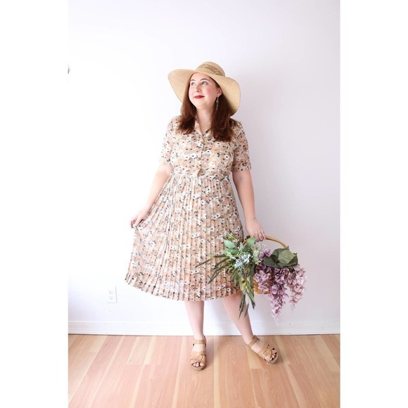 40s Brown Autumn Floral Dress A Line Sheer Daisy - Picture 4 of 10